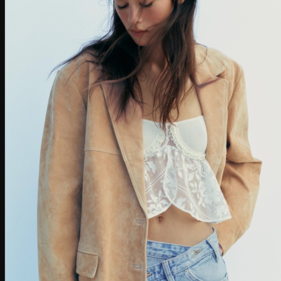 ZARA NEW WOMEN 100% SUEDE BLAZER Beige - Picture 4 of 6